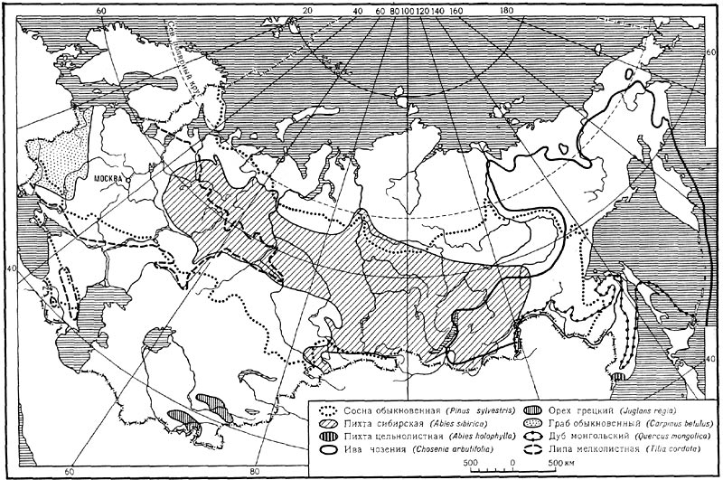 Карта 7. Распространение древесных пород в СССР.